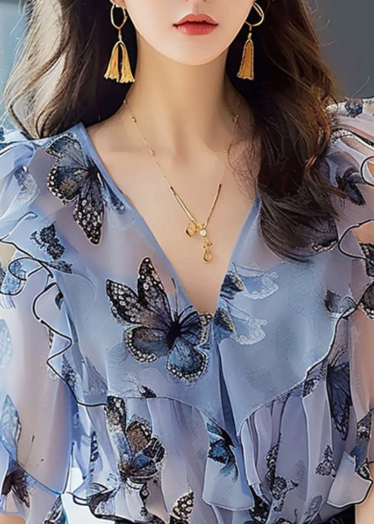 Chic Blue Ruffled Print Chiffon Shirts Half Sleeve