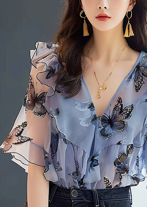 Chic Blue Ruffled Print Chiffon Shirts Half Sleeve