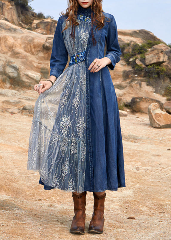 Chic Blue Turtleneck Asymmetrical Tulle Patchwork Long Denim Dress Spring