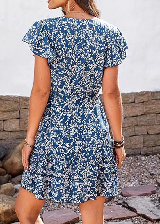 Chic Blue V Neck Print Chiffon Dress Butterfly Sleeve