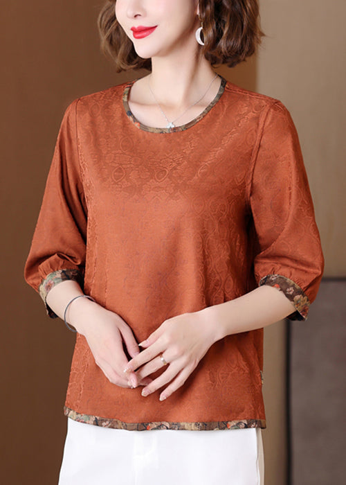 Chic Caramel O Neck Print Patchwork Silk Shirts Half Sleeve