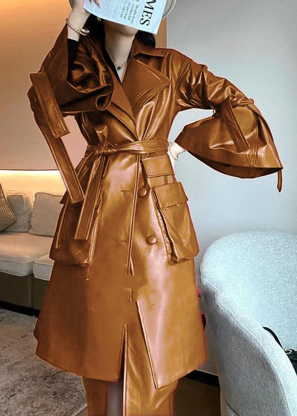 Chic Caramel Tie Waist Pockets Faux Leather Trench Coat Flare Sleeve