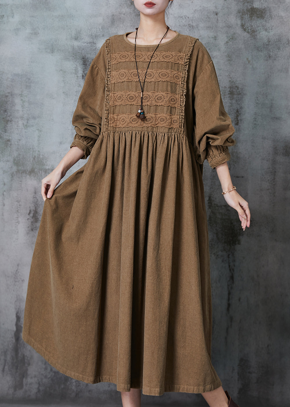 Chic Coffee Oversized Patchwork Lace Corduroy Long Dress Spring