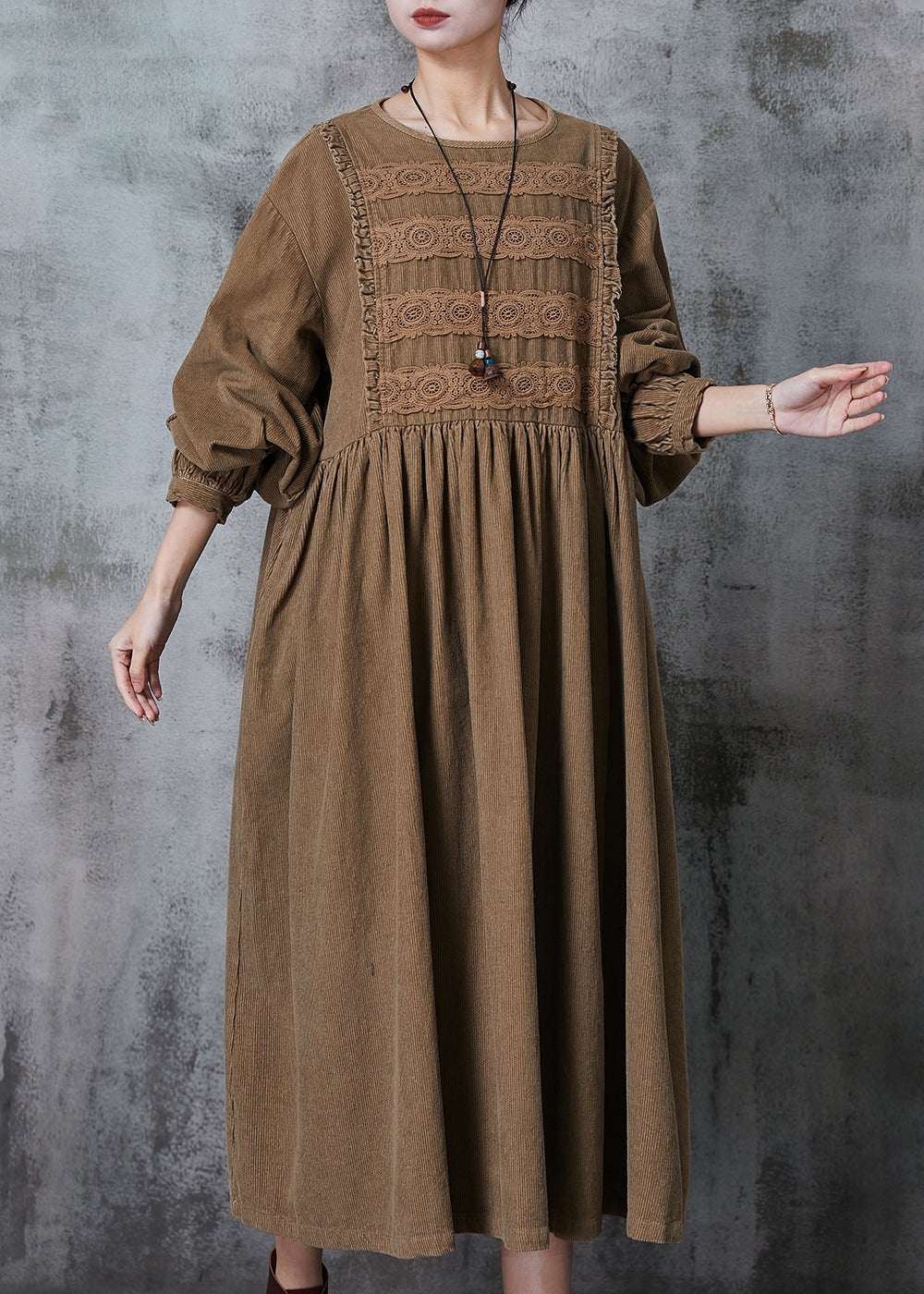 Chic Coffee Oversized Patchwork Lace Corduroy Long Dress Spring