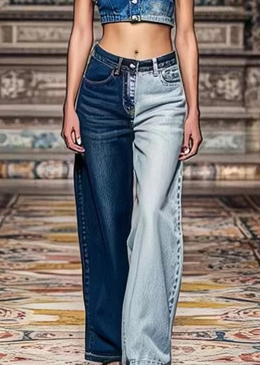 Chic Colorblock Asymmetrical Pockets High Waist Denim Crop Pants Summer