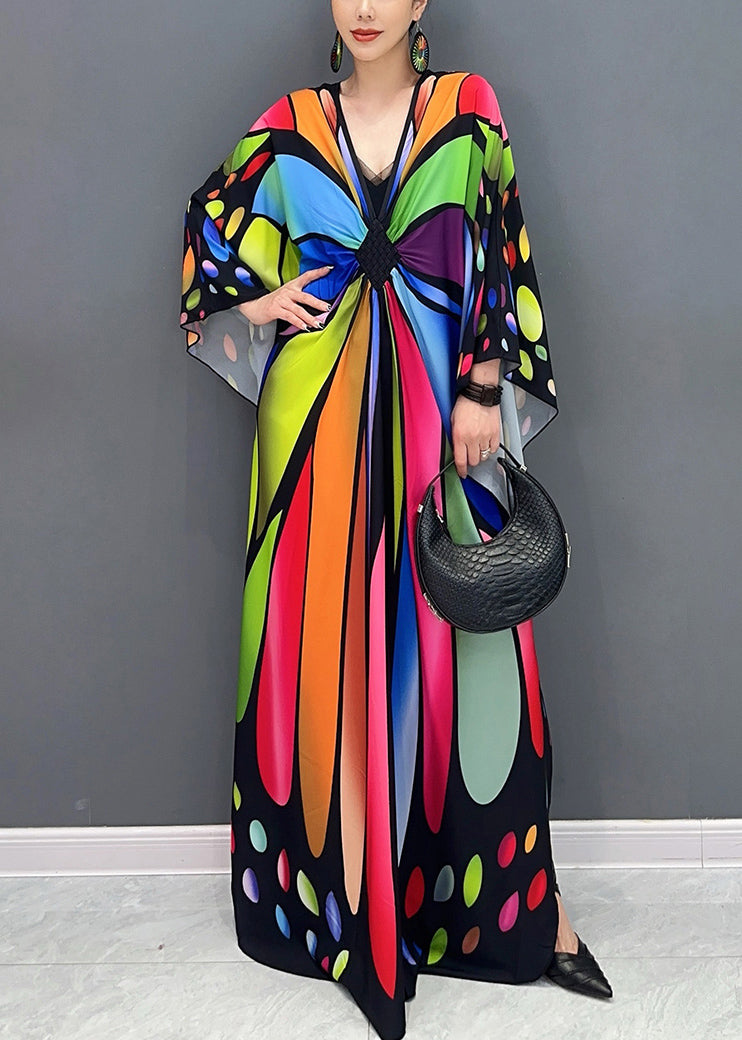 Chic Colorblock V Neck Print Cotton Maxi Dresses Batwing Sleeve