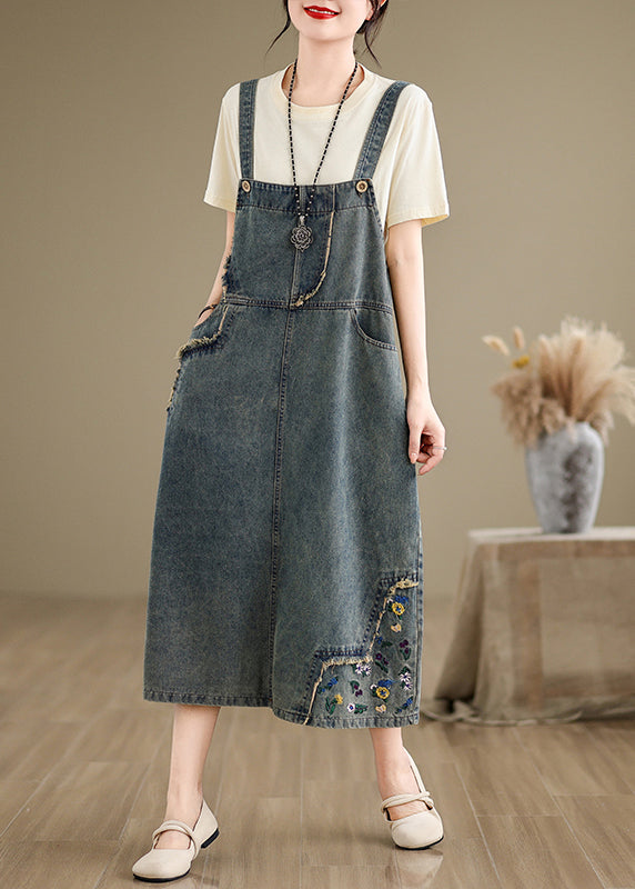 Chic Denim Grey Embroidered Patchwork Spaghetti Strap Dress Sleeveless