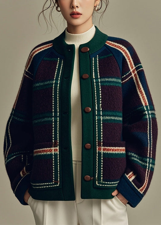 Chic Green Plaid Button Patchwork Woolen Coats Winter