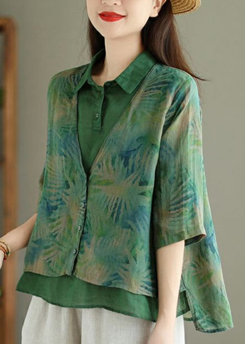 Chic Green Print False Two Pieces Linen Shirt Half Sleeve