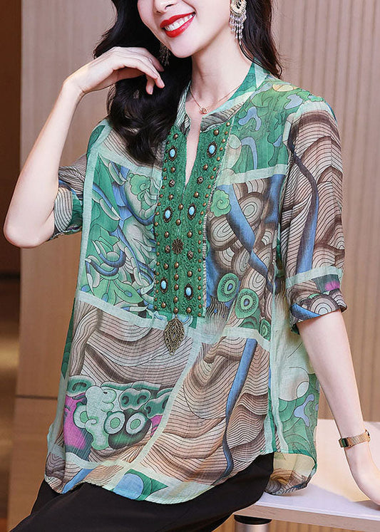 Chic Green Print Nail Bead Patchwork Linen Shirts Bracelet Sleeve