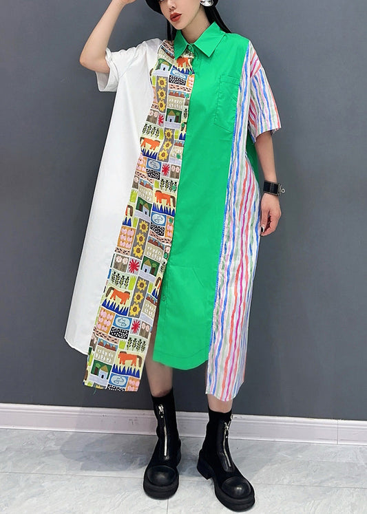 Chic Green Print Pockets Patchwork Cotton Shirt Dress Half Sleeve