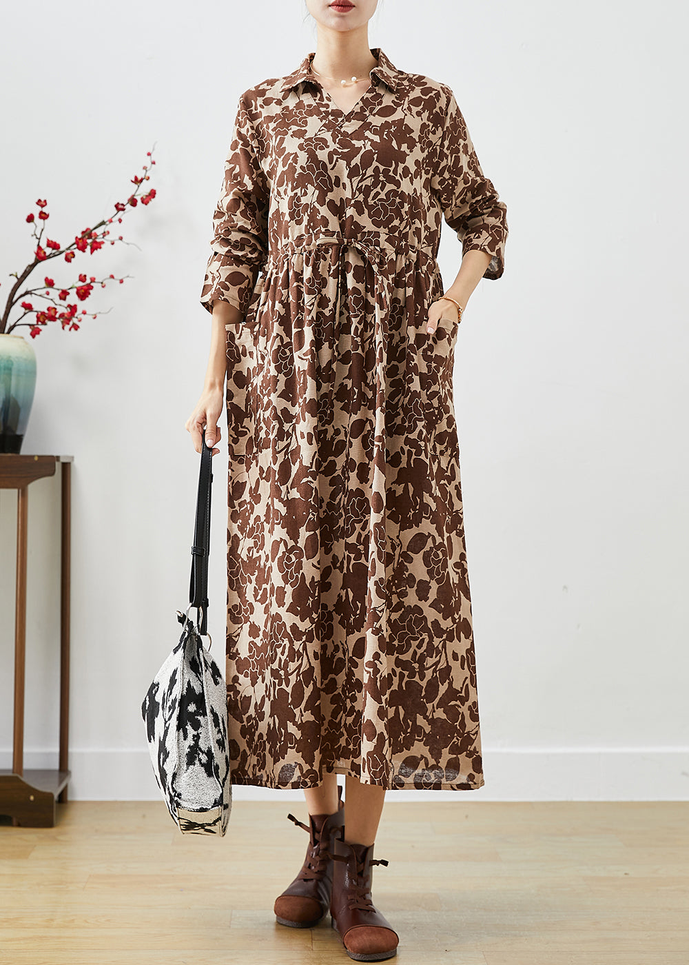 Chic Khaki Cinched Print Cotton Long Dresses Fall