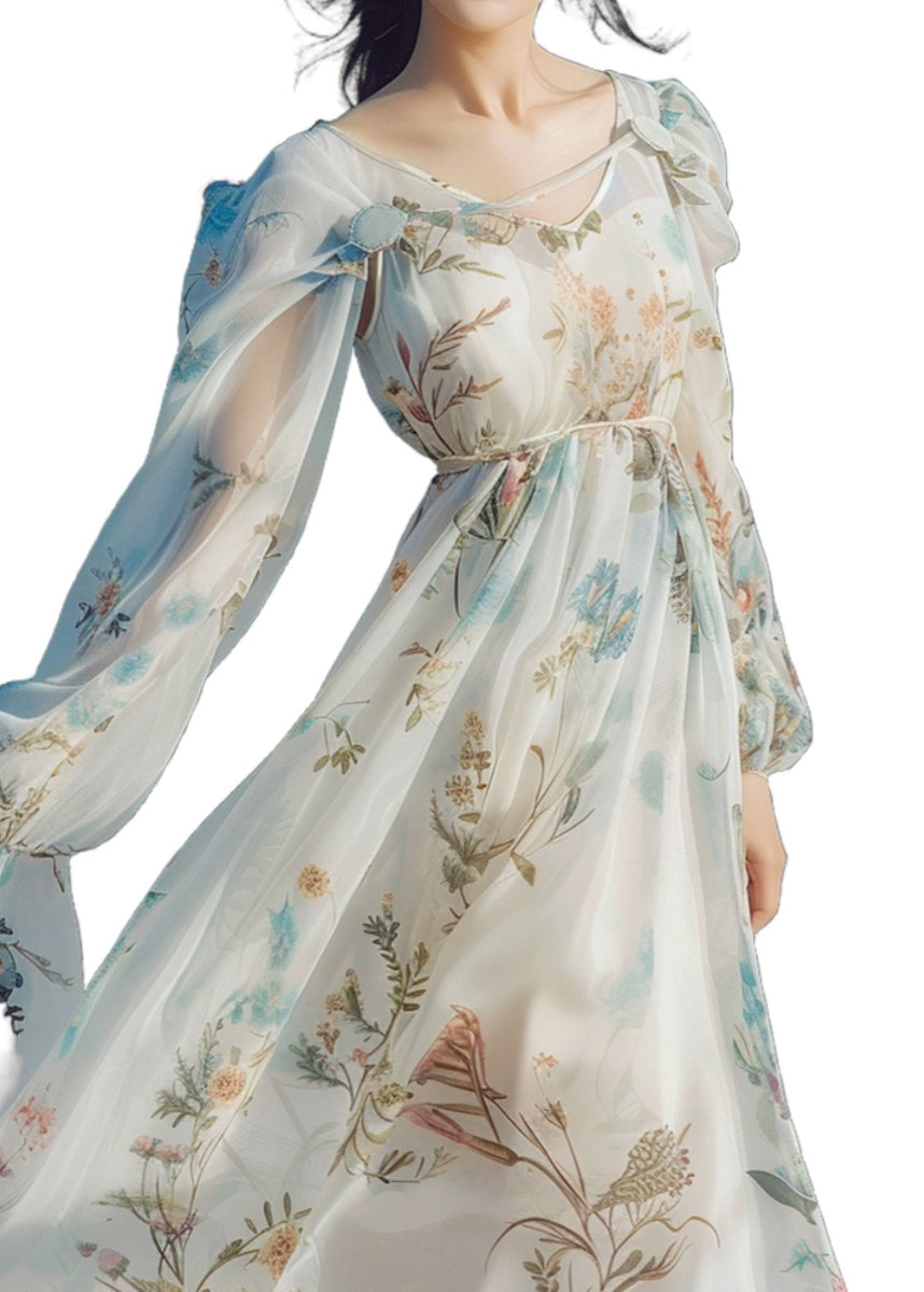 Chic Light Blue V Neck Print Chiffon Long Dress Long Sleeve