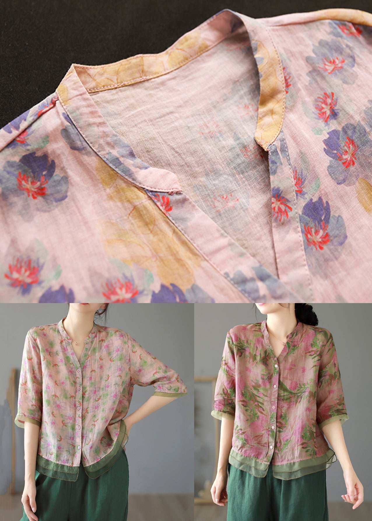 Chic Lotus Root Pink Color Print Button Linen Shirt Summer