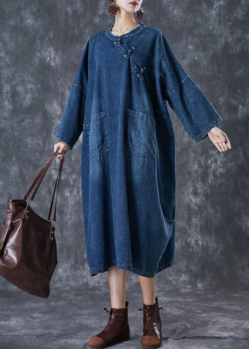 Chic Navy Oversized Chinese Button Denim Maxi Dress Fall