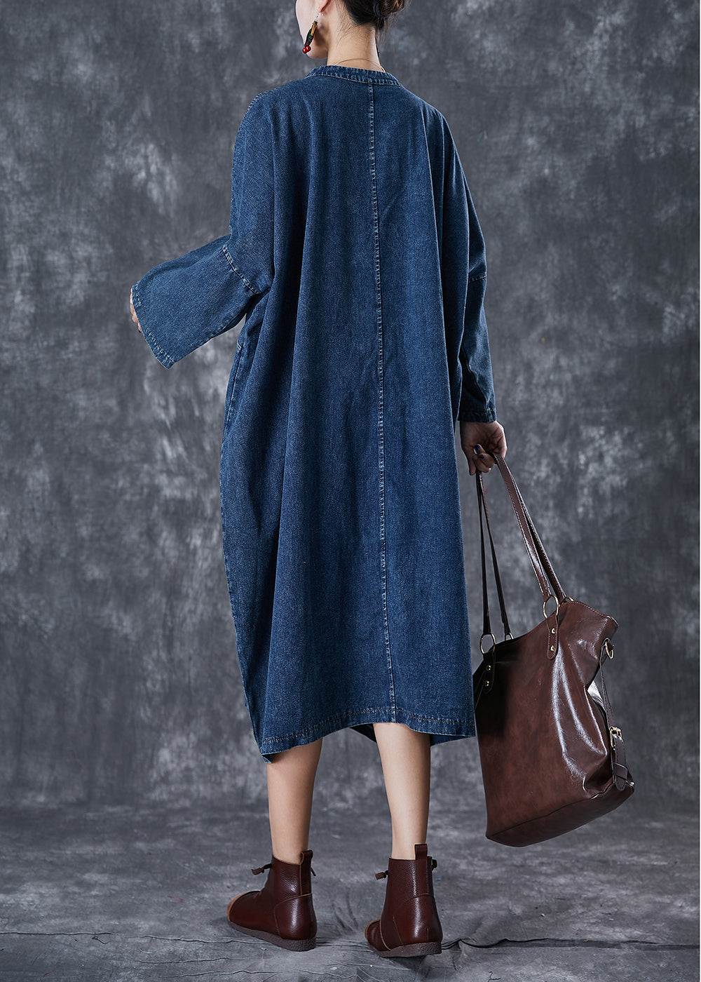 Chic Navy Oversized Chinese Button Denim Maxi Dress Fall