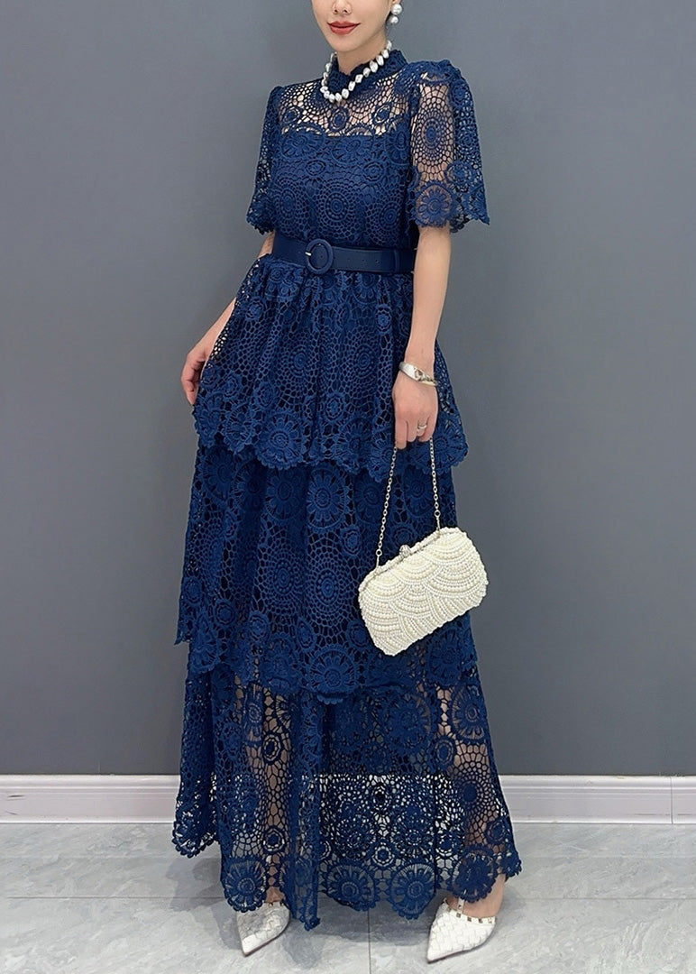 Chic Navy V Neck Sashes Hollow Out Lace Long Dresses Summer