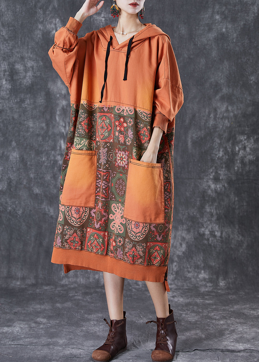 Chic Orange Oversized Patchwork Cotton Pullover Sweatshirt Dress Fall