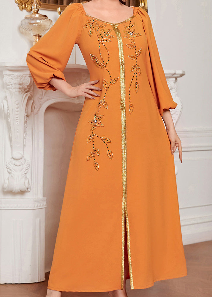 Chic Orange Square Collar Embroidered Lace Patchwork Silk Maxi Vacation Dresses Long Sleeve