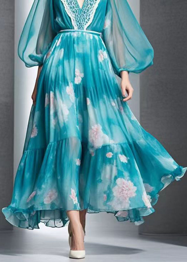 Chic Peacock Blue Print Exra Large Hem Chiffon Long Dress Fall