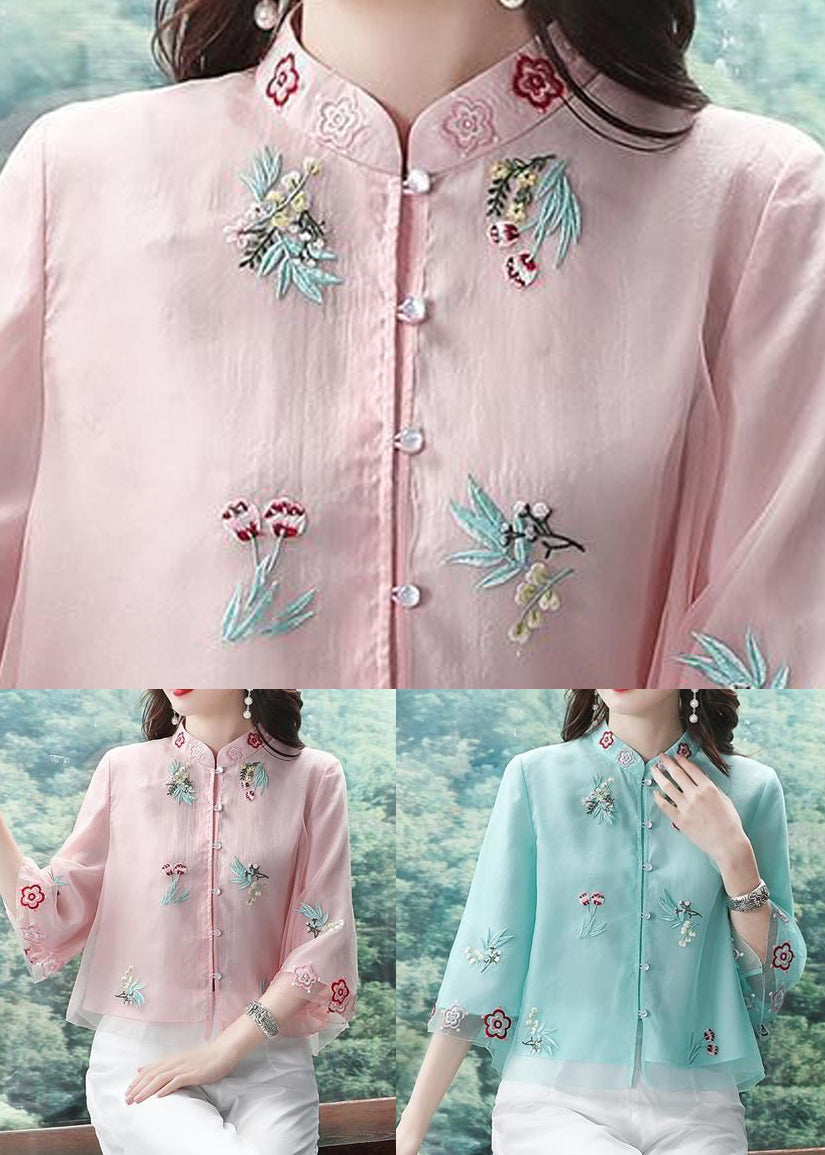 Chic Pink Stand Collar Embroidered Patchwork Chiffon Tops Summer