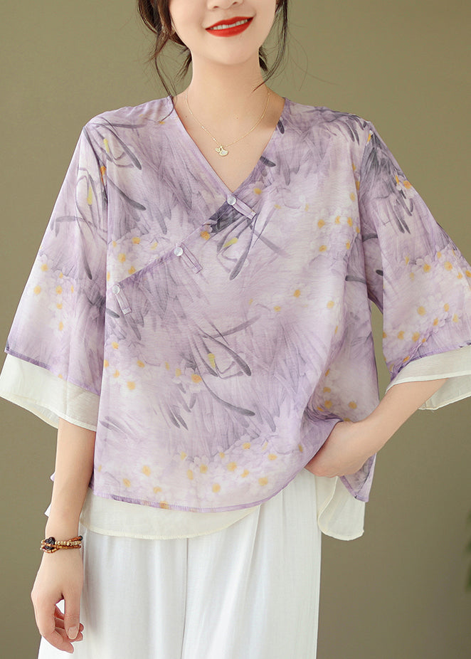 Chic Purple V Neck Button Print Cotton Shirt Flare Sleeve