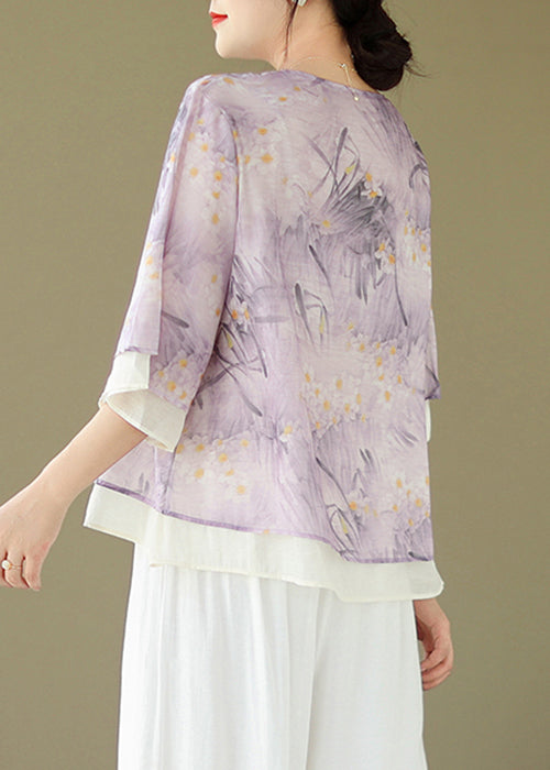 Chic Purple V Neck Button Print Cotton Shirt Flare Sleeve