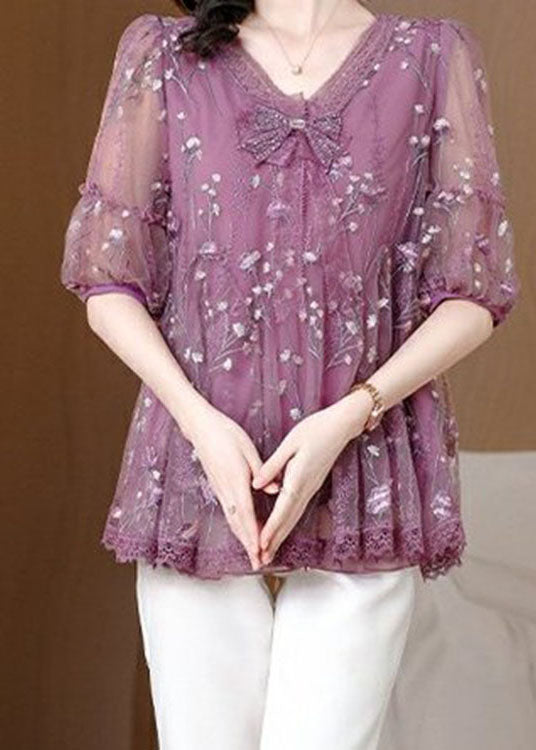 Chic Purple V Neck Embroidered Bow Lace Top Summer