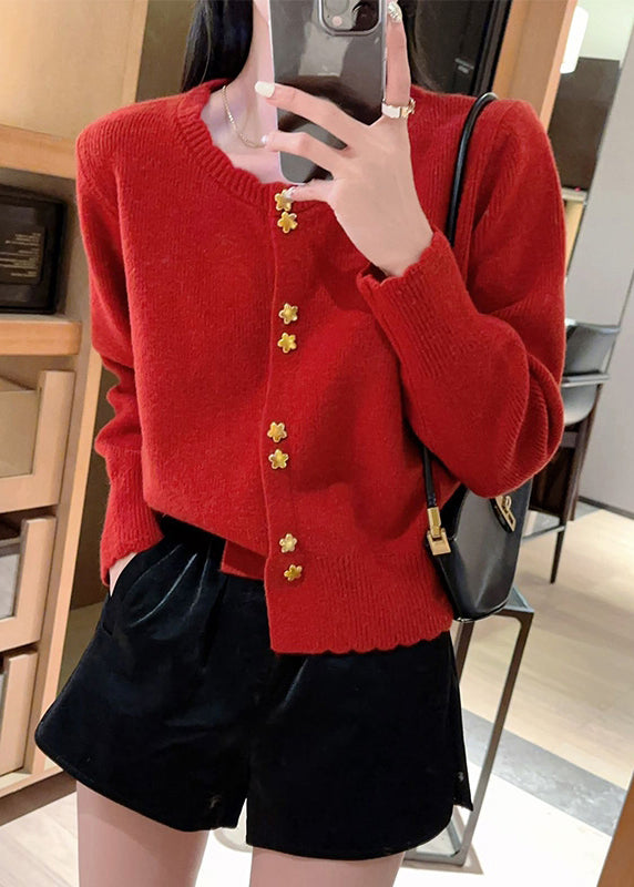 Chic Red O Neck Button Knit Cardigan Coat Fall