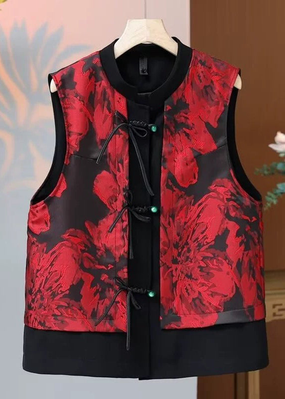 Chic Red O Neck Print Button Silk Waistcoat Sleeveless