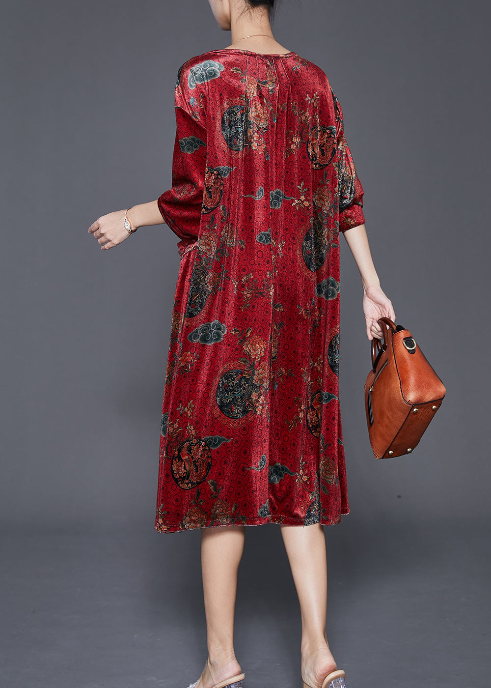 Chic Red Print Pockets Silk Velour Maxi Dress Fall