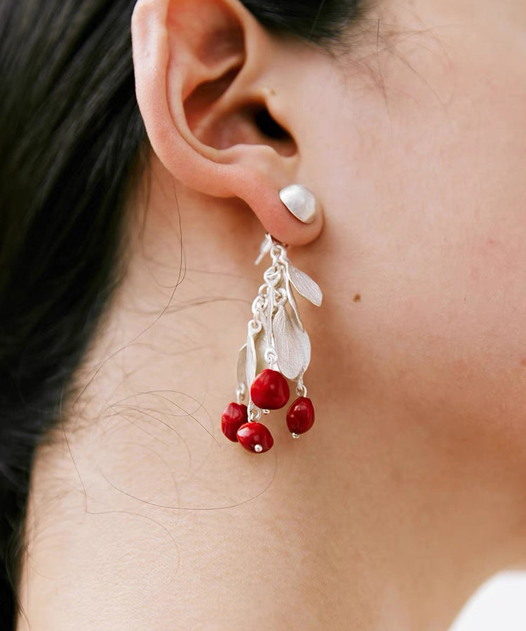 Chic Red Sterling Silver Alloy Leaves Drop Earrings