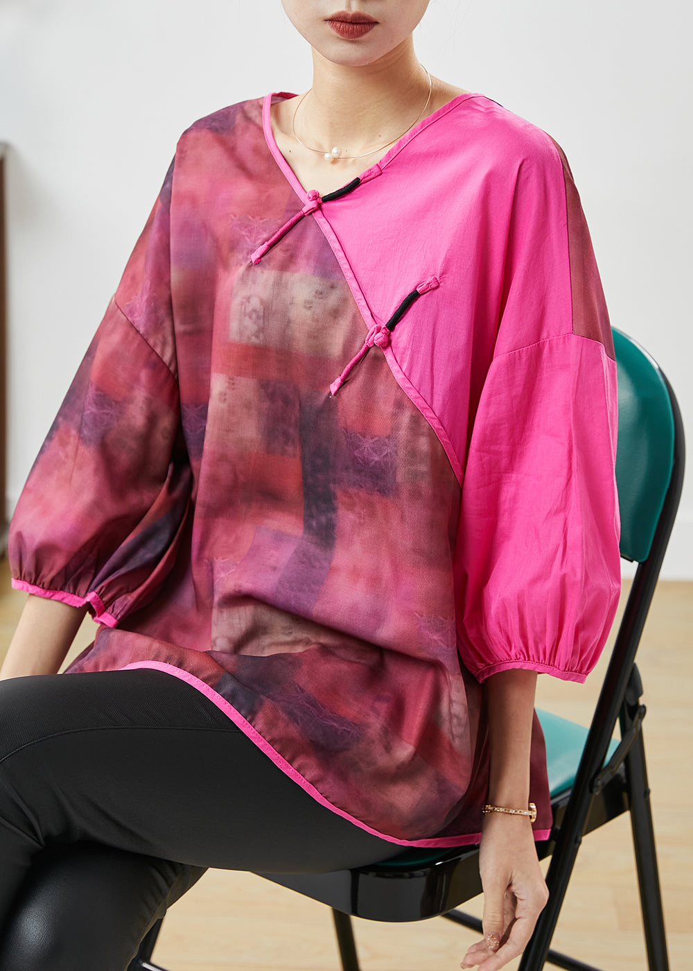 Chic Rose Tie Dye Patchwork Linen Blouse Top Summer