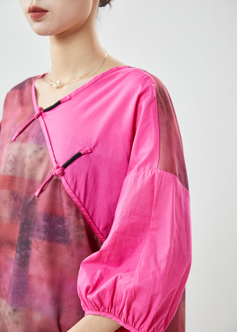 Chic Rose Tie Dye Patchwork Linen Blouse Top Summer