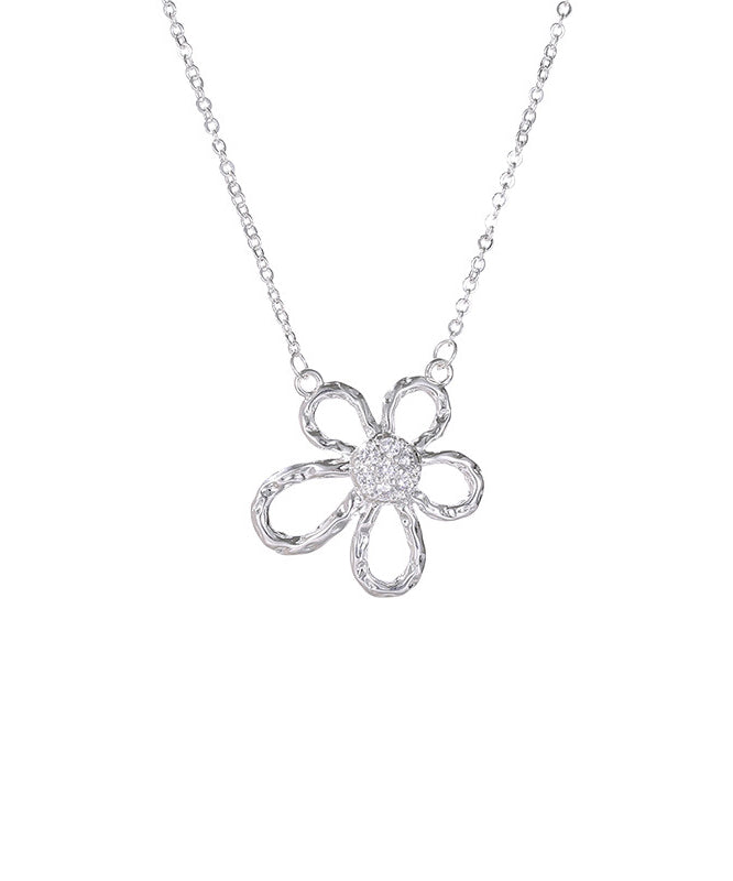 Chic Silk Sterling Silver Zircon Sunflower Hollow Out Pendant Necklace