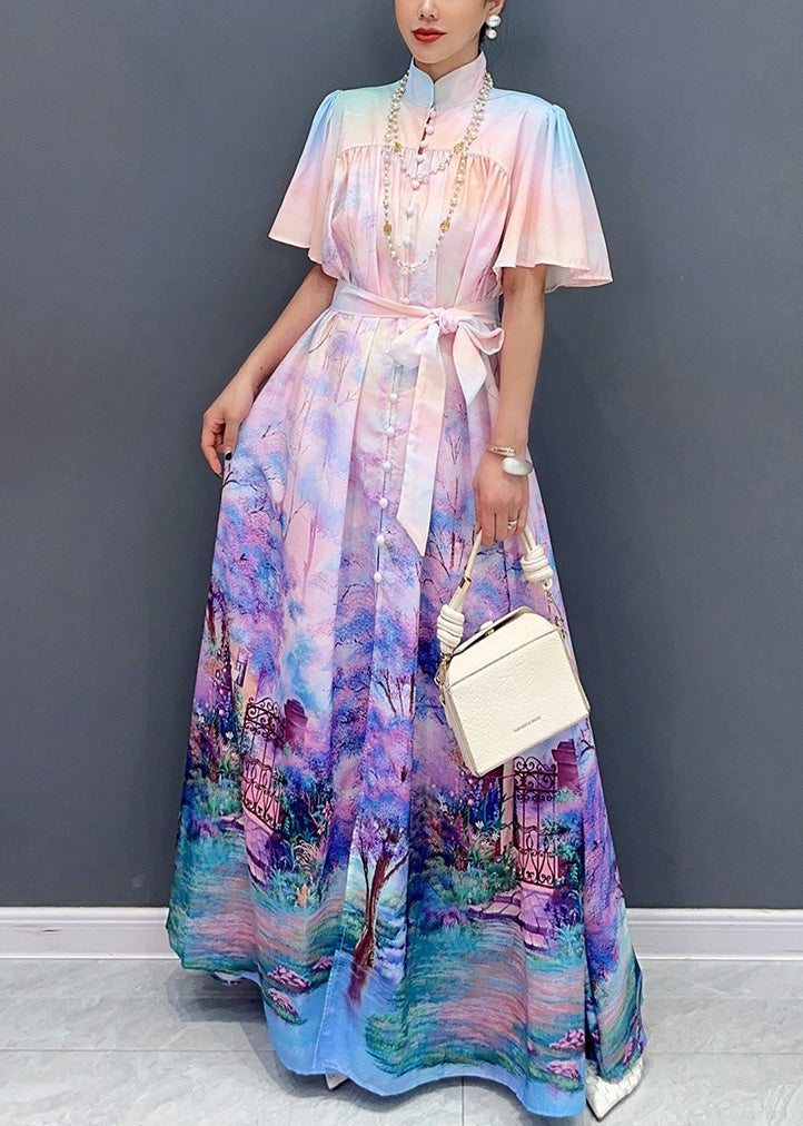 Chic Violet Print Tie Waist Cotton Shirts Long Dresses Summer