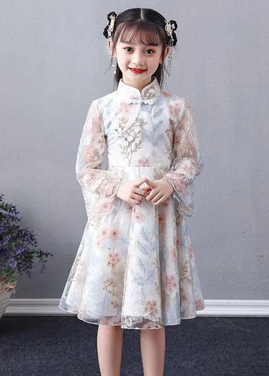 Chic White Embroidered Patchwork Hollow Out Tulle Girls Maxi Dress Long Sleeve