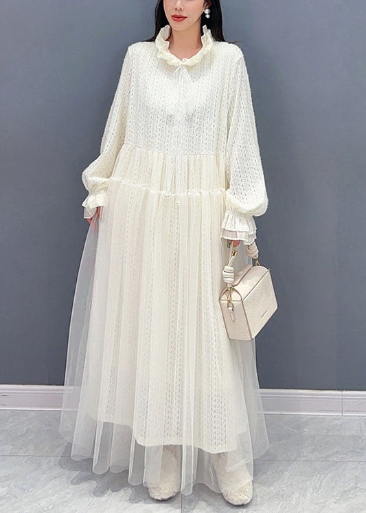 Chic White Ruffled Tulle Lace Dresses Long Sleeve