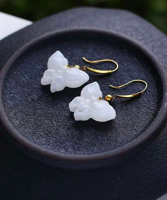 Chic White Sterling Silver Overgild Jade Butterfly Drop Earrings