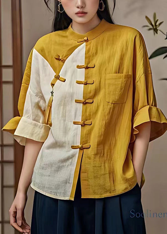 Chic Yellow Button Pockets Patchwork Cotton Shirt Flare Sleeve