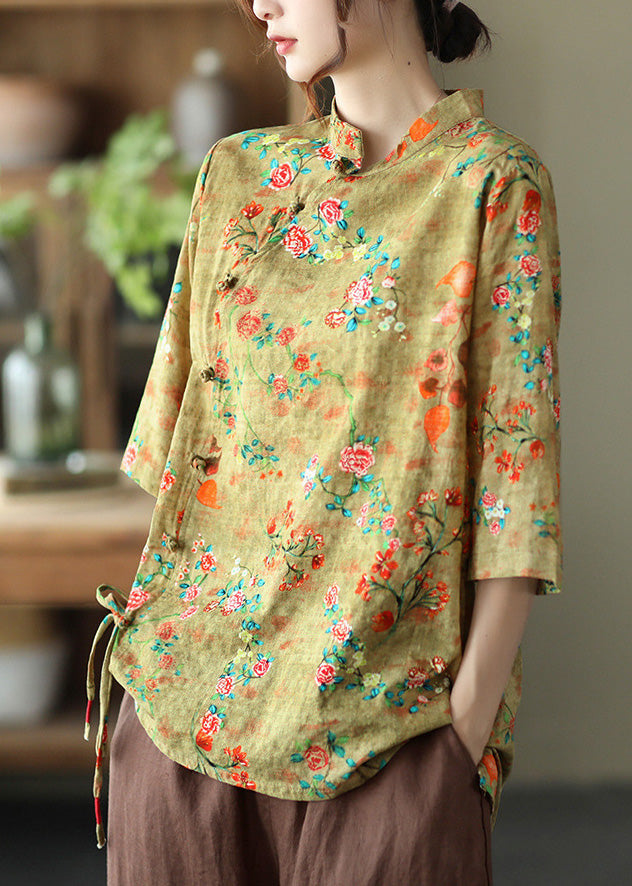 Chic Yellow Print Tie Waist Shirts Half Sleeve