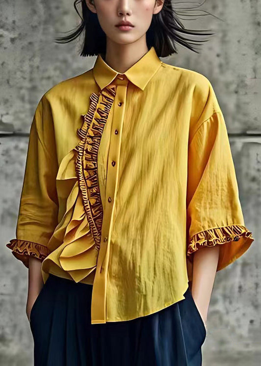 Chic Yellow Ruffled Button Linen Shirt Butterfly Sleeve