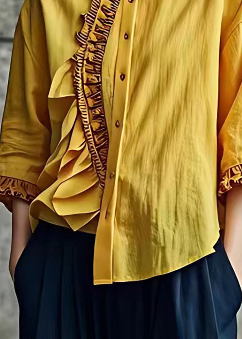 Chic Yellow Ruffled Button Linen Shirt Butterfly Sleeve