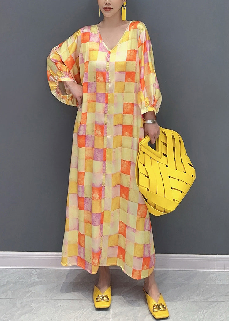 Chic Yellow V Neck Plaid Silk Long Dress Lantern Sleeve