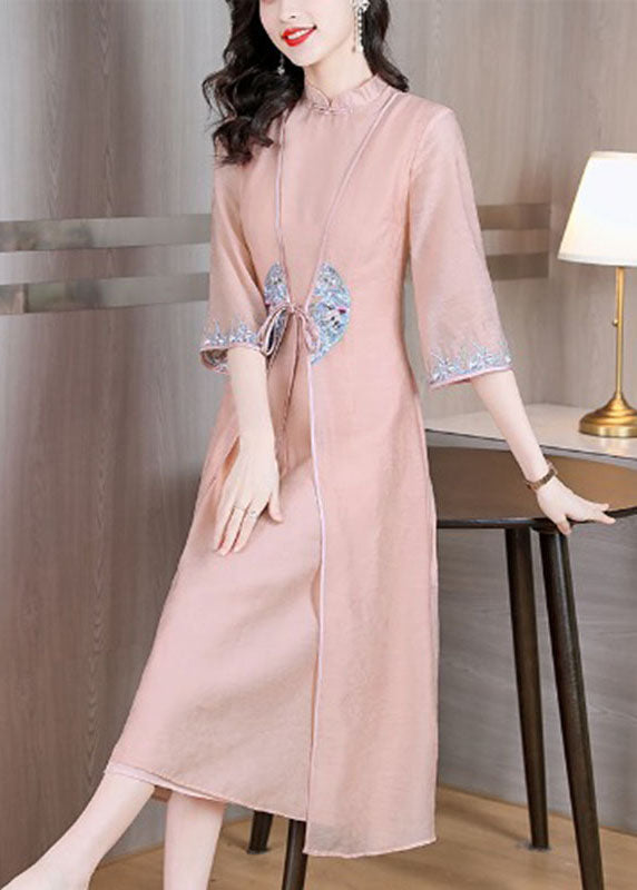 Chinese Style Apricot Stand Collar Embroidered Patchwork Tie Waist Silk Maxi Dress Long Sleeve