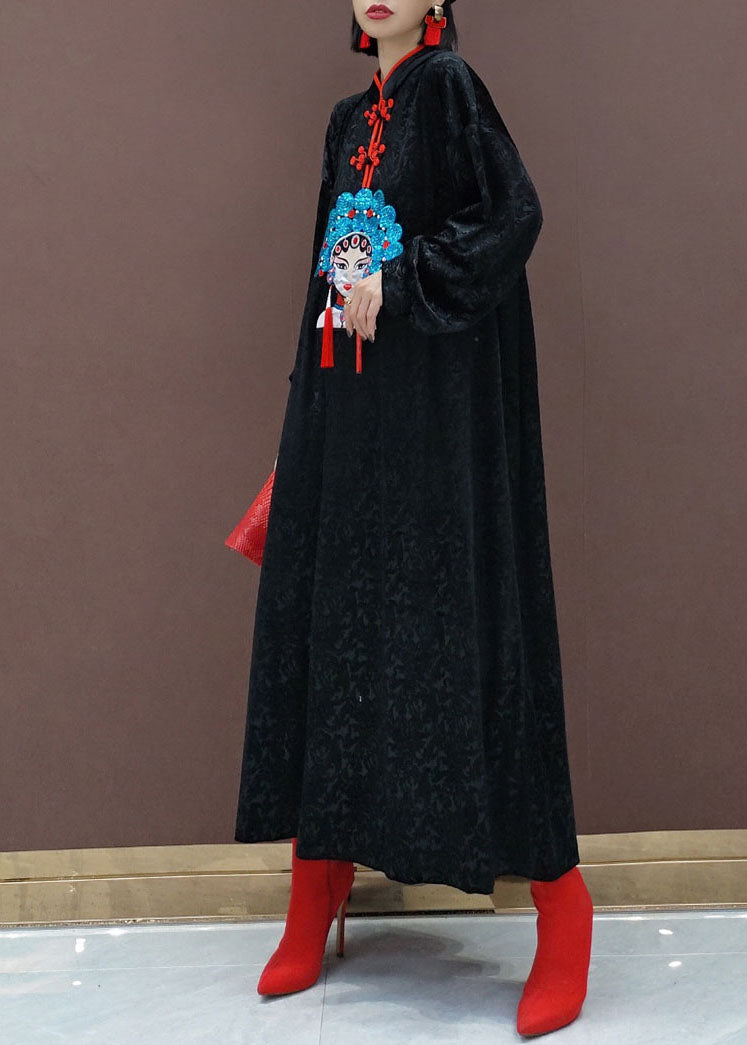 Chinese Style Black Stand Collar Embroidered Silk Velour Maxi Dresses Long Sleeve