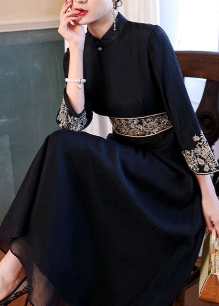 Chinese Style Black Stand Collar Patchwork Chiffon Dress Bracelet Sleeve