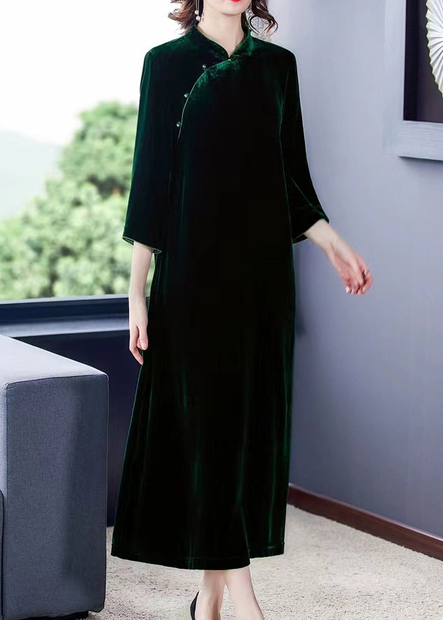 Chinese Style Blackish Green Stand Collar Patchwork Silk Velour Dress Fall