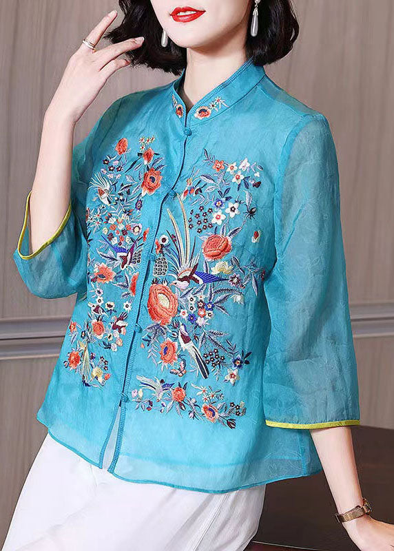 Chinese Style Blue Embroidered Patchwork Chiffon Blouse Tops Summer