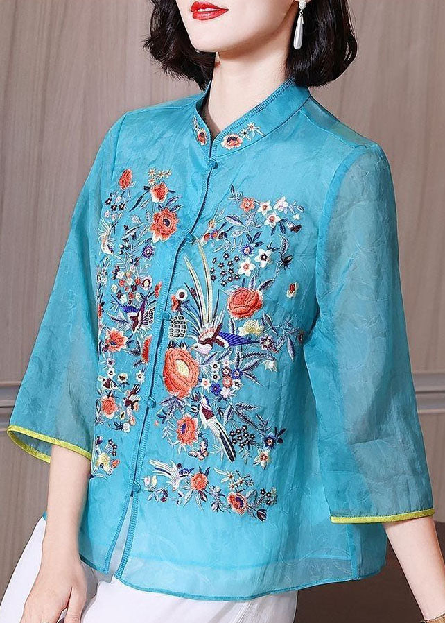 Chinese Style Blue Embroidered Patchwork Chiffon Blouse Tops Summer